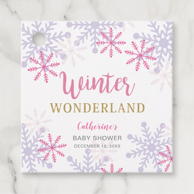 Cute Rosa Winter Wonderland Baby Shower Snöflingor Gåvor Etiketter (Framsida)