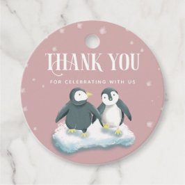 Cute Rosa Winter Wonderland Penguins Baby Shower Gåvor Etiketter