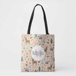 Cute Rosa Woodland Animals Monogram Kids Tygkasse