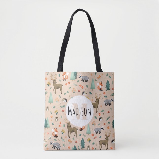 Cute Rosa Woodland Animals Monogram Kids Tygkasse (Framsida)
