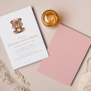 Cute Rosa Woodland Bear Girl Birthday Inbjudningar
