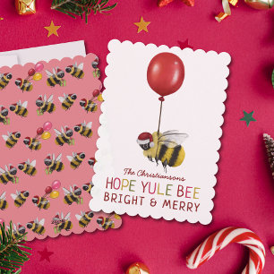 Cute Rosa Yule Bee Merry och Bright jul Julkort