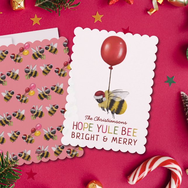 Cute Rosa Yule Bee Merry och Bright jul Julkort (Skapare uppladdad)