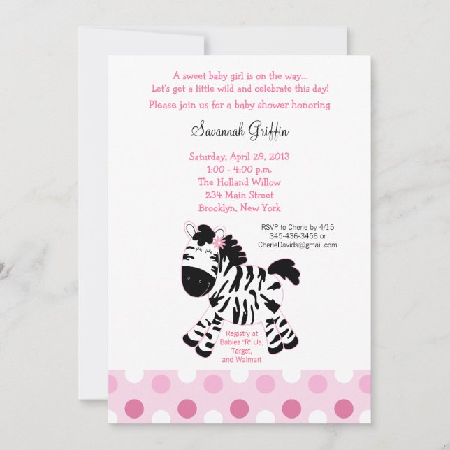 Cute Rosa Zebra Baby Shower 5x7-inbjudan Inbjudningar (Framsida)