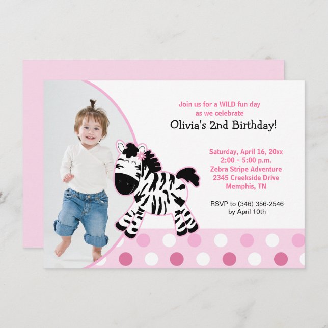 Cute Rosa Zebra Girl Photo Birthday-inbjudan Inbjudningar (Fram/baksida)