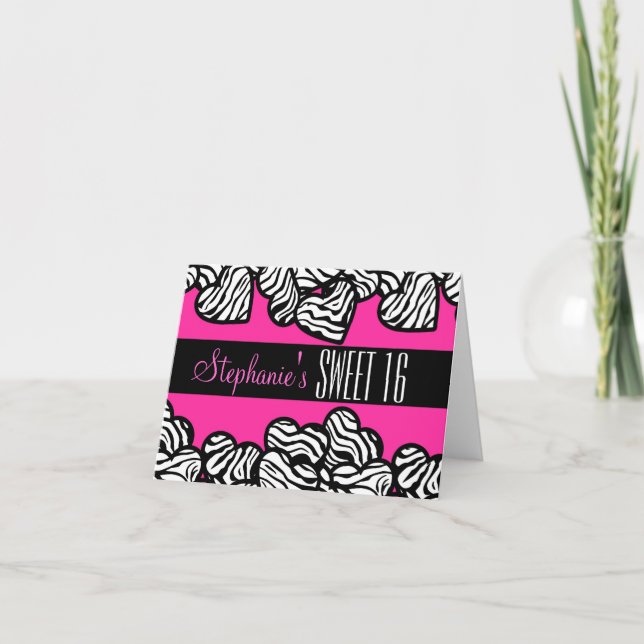 Cute Rosa zebra hjärta Sweet 16 födelsedagskort Inbjudan (Framsida)