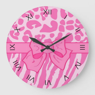 Cute Rosa Zebra Leopard Animal Print och Girly Bow Stor Klocka