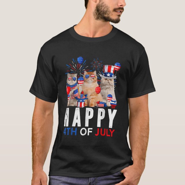 Cute Rött vitt blått persian Cat Patriotic Lycklig T Shirt (Framsida)