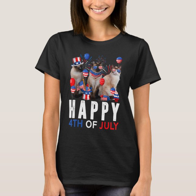 Cute Rött vitt blått Siamese Cat Patriotic Lycklig T Shirt (Framsida)