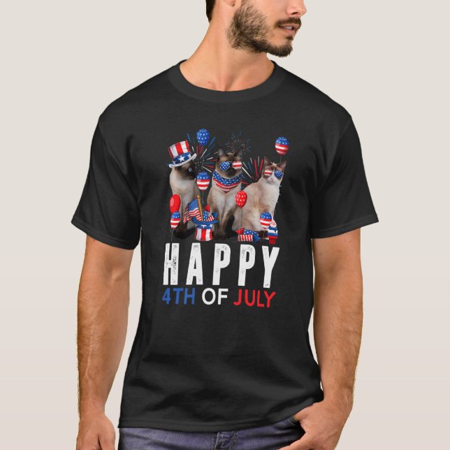 Cute Rött vitt blått Siamese Cat Patriotic Lycklig T Shirt (Framsida)