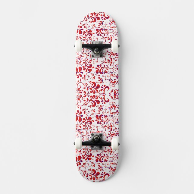 Cute-rött vitt blommönster mini skateboard bräda 18,5 cm (Framsida)