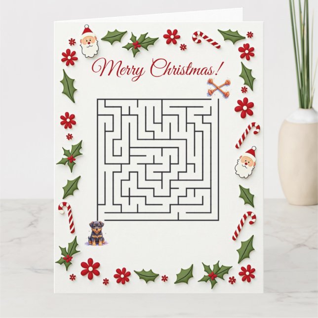 Cute Rottweiler Dog Christmas Maze Puzzle Holiday Kort (Framsida)