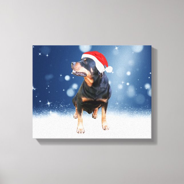 Cute Rottweiler Hund jultomten Hat Snö Stars Canvastryck (Framsida)
