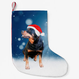 Cute Rottweiler Hund jultomten Hat Snö Stars Liten Julstrumpa