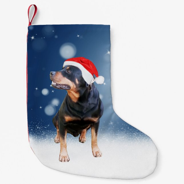 Cute Rottweiler Hund jultomten Hat Snö Stars Liten Julstrumpa (Framsidan)