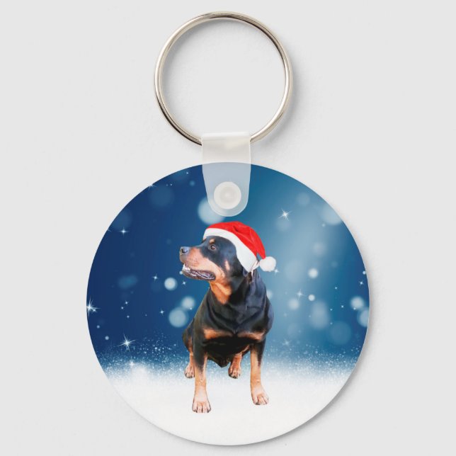 Cute Rottweiler Hund jultomten Hat Snö Stars Nyckelring (Framsida)
