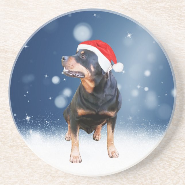 Cute Rottweiler Hund jultomten Hat Snö Stars Underlägg (Framsidan)