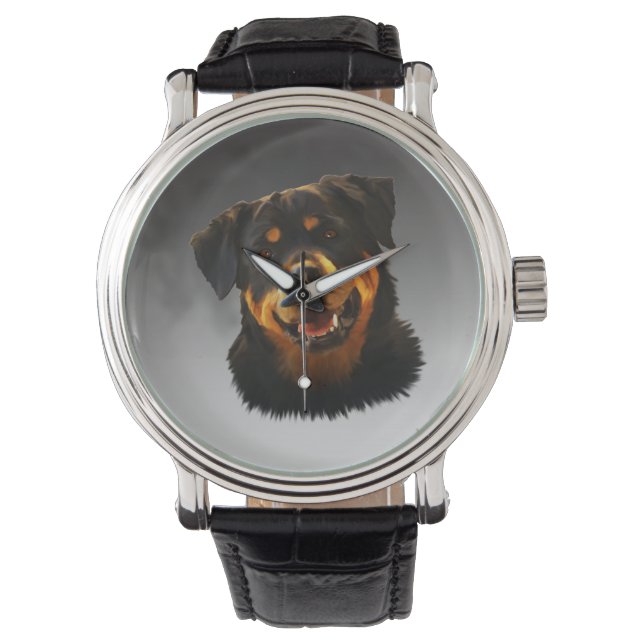 Cute Rottweiler Hund Vatten Färg Art Porträtt Armbandsur (Framsida)