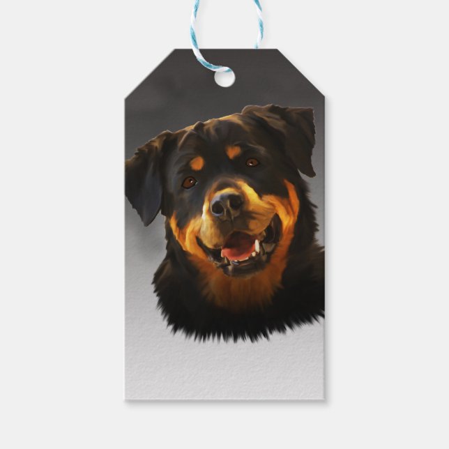 Cute Rottweiler Hund Vatten Färg Art Porträtt Presentetikett (Framsidan)