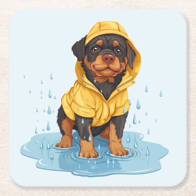 Cute Rottweiler Hund Wearing Rainrock Underlägg Papper Kvadrat (Framsidan)