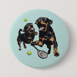 Cute Rottweiler Hundar spelar Tennis Knapp
