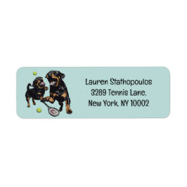Cute Rottweiler Hundar spelar Tennis Returadress Etikett