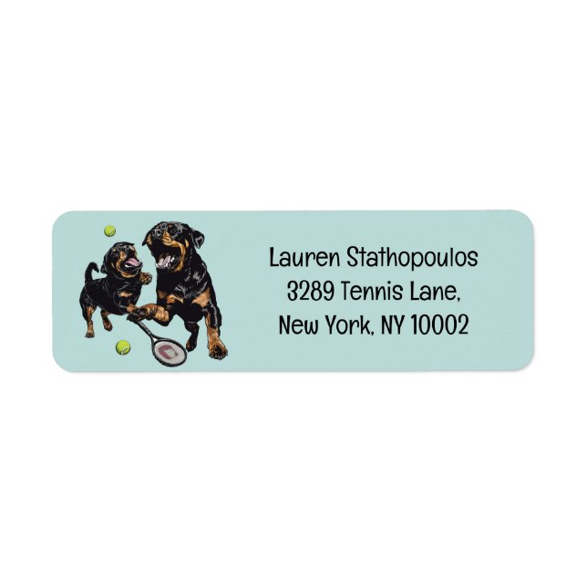 Cute Rottweiler Hundar spelar Tennis Returadress Etikett (Framsidan)