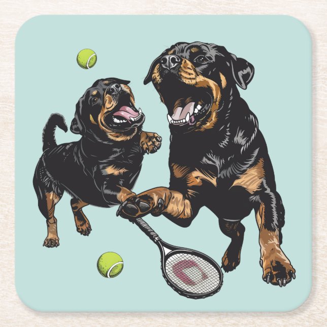 Cute Rottweiler Hundar spelar Tennis Underlägg Papper Kvadrat (Framsidan)