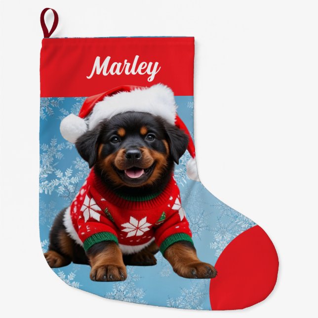 Cute Rottweiler Puppy in Sweater Personlig Stor Julstrumpa (Framsidan)