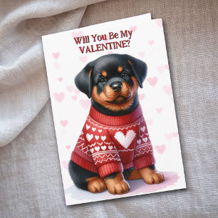 Cute Rottweiler Puppy in Sweater Valentine Helgkort