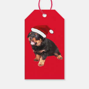 Cute Rottweiler Puppy Wearing Tecknad Santa Hat Presentetikett