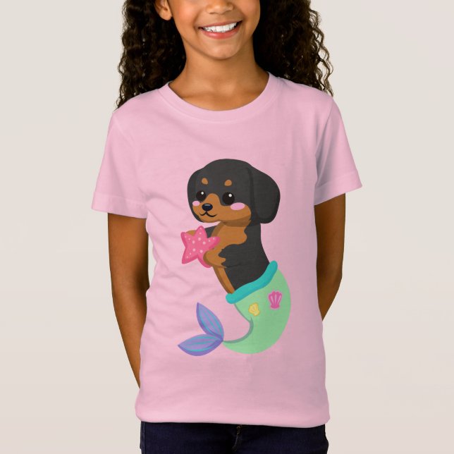 Cute Rottweiler Sjöjungfru Puppy Hund Kids Girl T Shirt (Framsida)