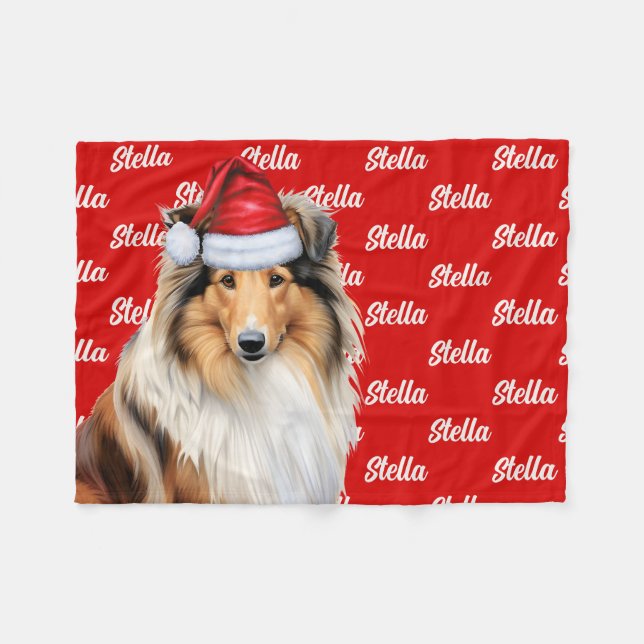 Cute Rough Collie Namn, mönstrad Jul i Röd jul Fleecefilt (Framsidan (Horisontell))