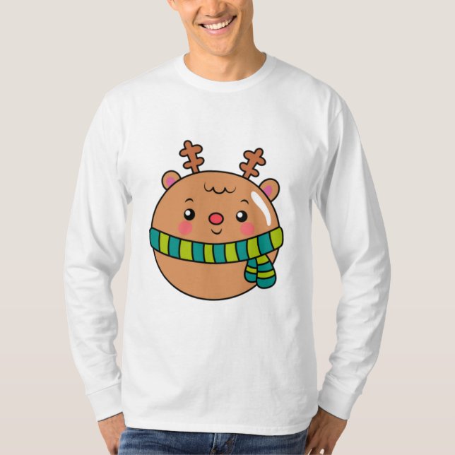 Cute Round Deer in Scarf  T Shirt (Framsida)