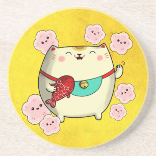 Cute Round Maneki Neko Cat Underlägg Sandsten