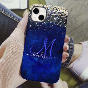 Cute royal blue guld faux glitter monogram