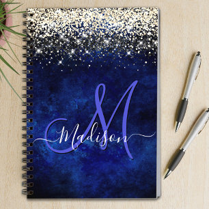 Cute royal blue guld faux glitter monogram anteckningsbok