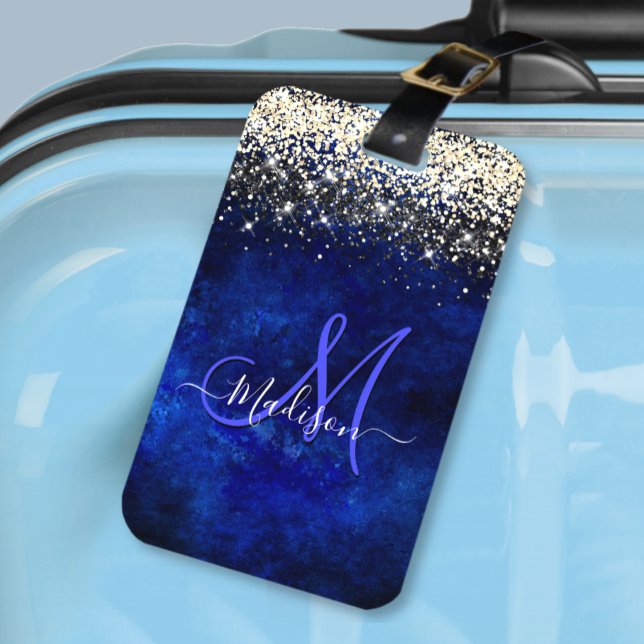 Cute royal blue guld faux glitter monogram bagagebricka (Skapare uppladdad)
