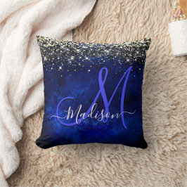 Cute royal blue guld faux glitter monogram kudde