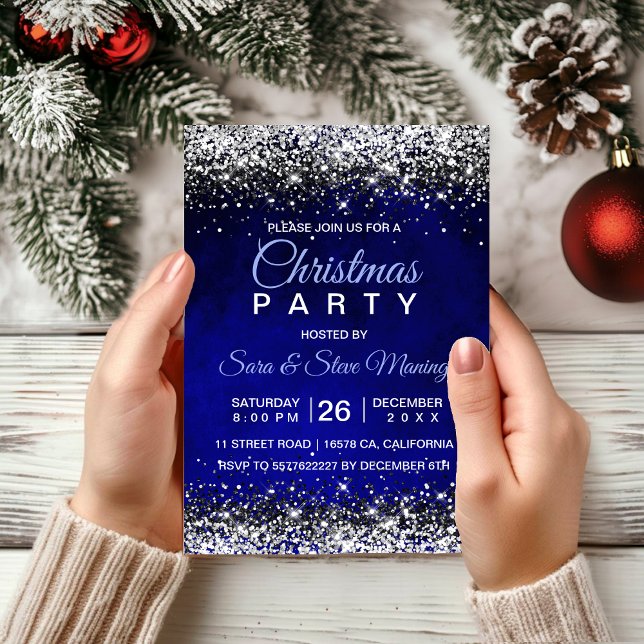 Cute royal blue silver faux glitter jul inbjudningar (Skapare uppladdad)