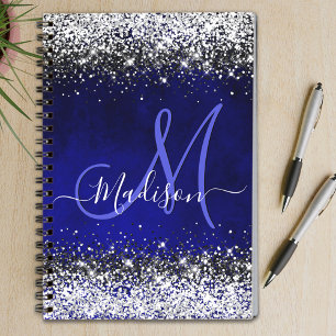 Cute royal blue silver faux glitter monogram anteckningsbok