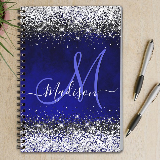 Cute royal blue silver faux glitter monogram anteckningsbok (Skapare uppladdad)