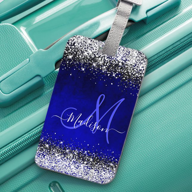 Cute royal blue silver faux glitter monogram bagagebricka (Skapare uppladdad)