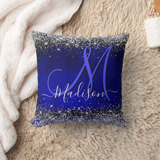 Cute royal blue silver faux glitter monogram kudde (Filt)