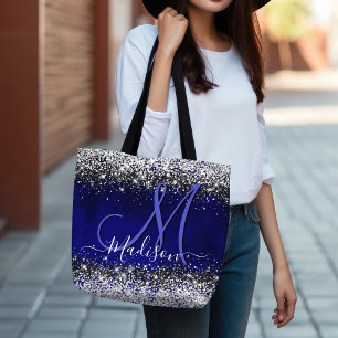 Cute royal blue silver faux glitter monogram tygkasse