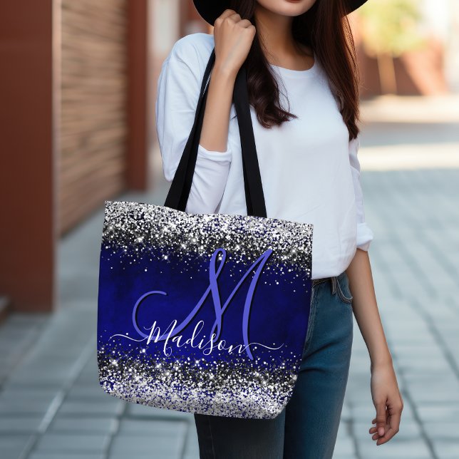 Cute royal blue silver faux glitter monogram tygkasse (Skapare uppladdad)