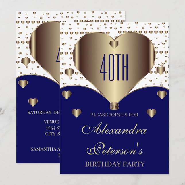 Cute Royal Blue White och Golden Hearearts Birthda Inbjudningar (Fram/baksida)