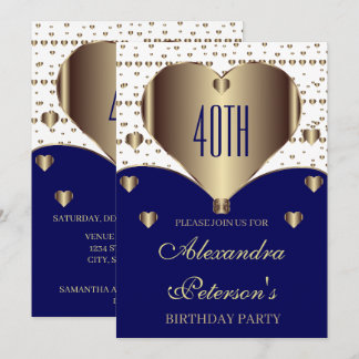 Cute Royal Blue White och Golden Hearearts Birthda Inbjudningar