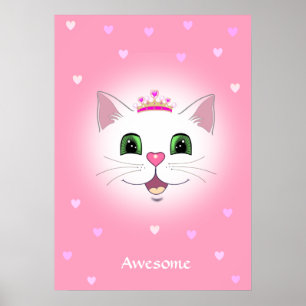 Cute royal cat ansikte med hjärtan på rosa poster