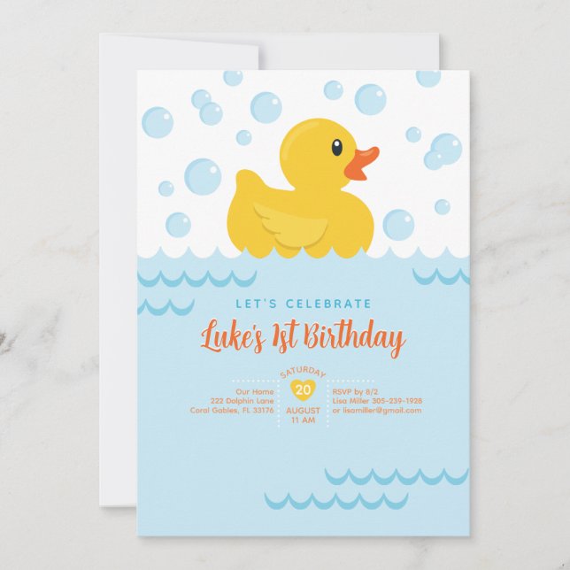 Cute Rubber Ducky Kids 1:a födelsedagen Party Inbjudningar (Framsida)